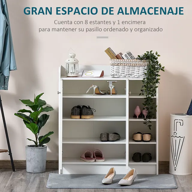 HOMCOM Zapatero Mueble Armario 83x30x90cm 2 Puerta Estanteria Zapatos 4  Baldas Interior y 4 Baldas Exterior