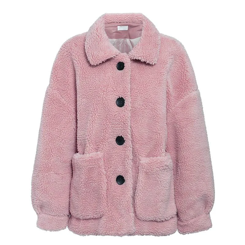 Pink Новое объемное плюшевое пальто для женщин с лацканами, шерстяными карманами, пушистая куртка из искусственного меха, Женская Осенняя зимняя теплая верхняя одежда, пальто, куртки - Цвет: Pink