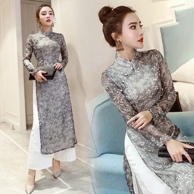 Вьетнамские халаты в народном стиле, шифоновое улучшенное платье aodai, элегантное праздничное платье, традиционная вышивка, азиатское платье ao dai - Цвет: color1