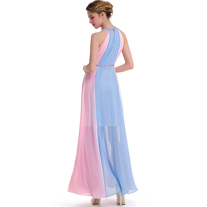 BacklakeGirls Vestidos Largos, Пляжное Платье, Новое поступление, контрастный цвет, сексуальное, на шее, без рукавов, шифоновое вечернее платье Sukienki