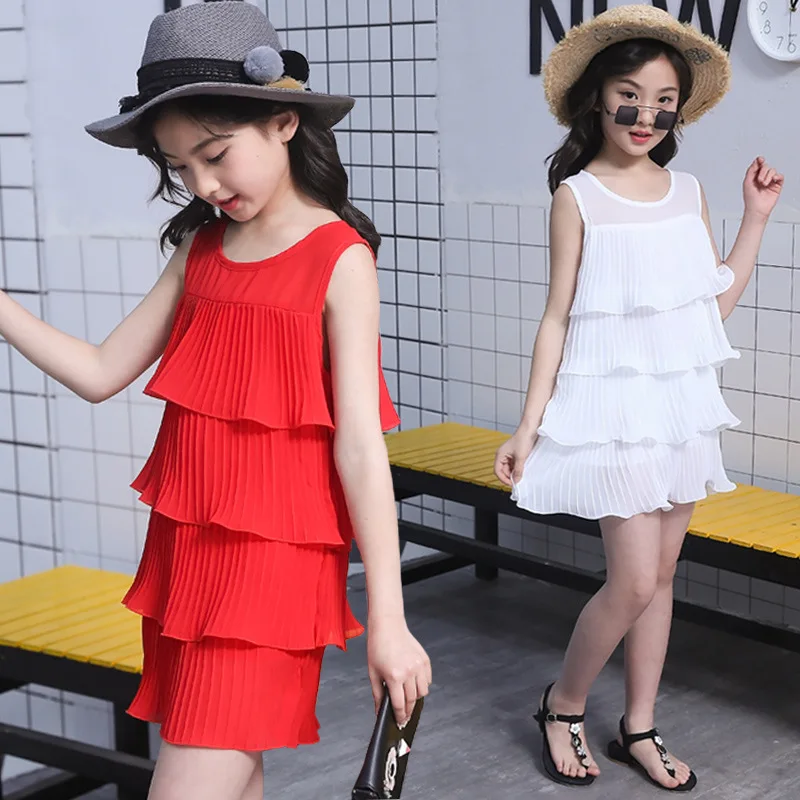 

2019 new cute girls dress summer layered dress girl quality princess dress fashion kids dresses for girls red