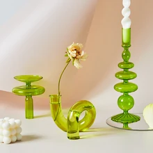 

Candle Holders Decoration Wedding Nordic Green Glass Candlestick Home Decor Vase Christmas Gift Candles
