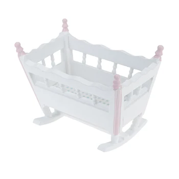 

Furniture White Wooden Cardle Baby Bed Kids Toys Wooden Nursery Cradle Baby Crib 1:12 Doll House Miniature Dolls
