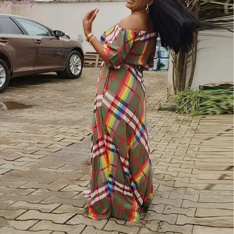 Summer Elegant Code Sexy One Shoulder Will Pendulum Chalaza Printing Maxi Long Women Dress Plus Size Plaid Floor-Length