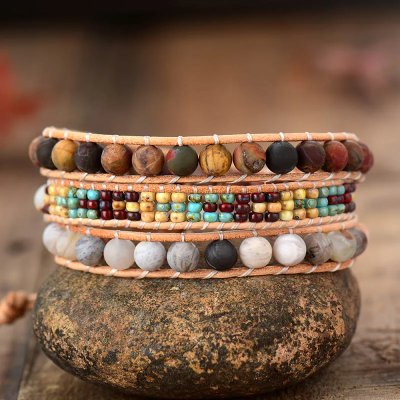 New Vintage Wrap Bracelets W/ Frosted Stone Beaded Triple Statement Bracelet Bijoux Femme Bohemian Beads Jewelry