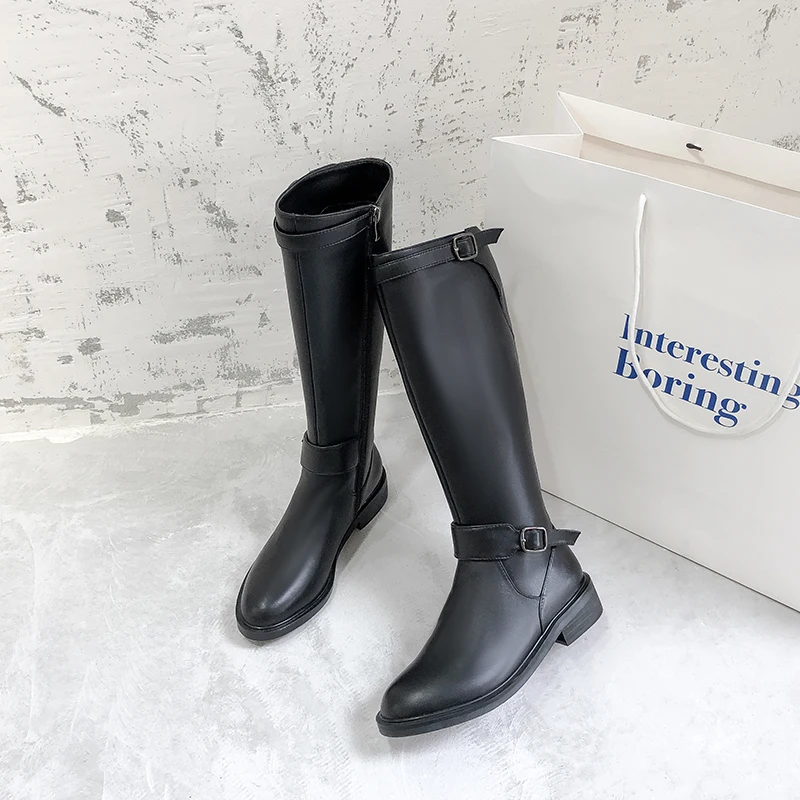 Winter Lady Leather Long Boots Buckle Women Snow Shoes Nubuck Leather Knee High Female Thick Heel Warm Shoes