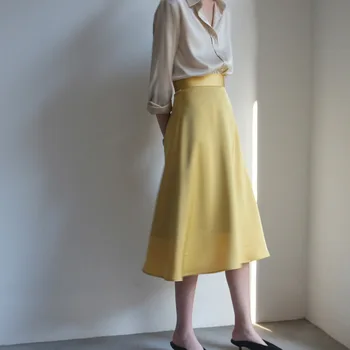 

Spring Summer Women Satin Silk Skirt Elegant Solid Color High Waist Women Office Lady Yellow Skirts Womens A-line Long Skirt