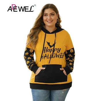 

ADEWEL Pumpkin Banded Long Sleeve Kangaroo Pocket Halloween Plus Size Hoodie 2019 Women Sudadera Mujer Bluza Damska Hoodies 5XL