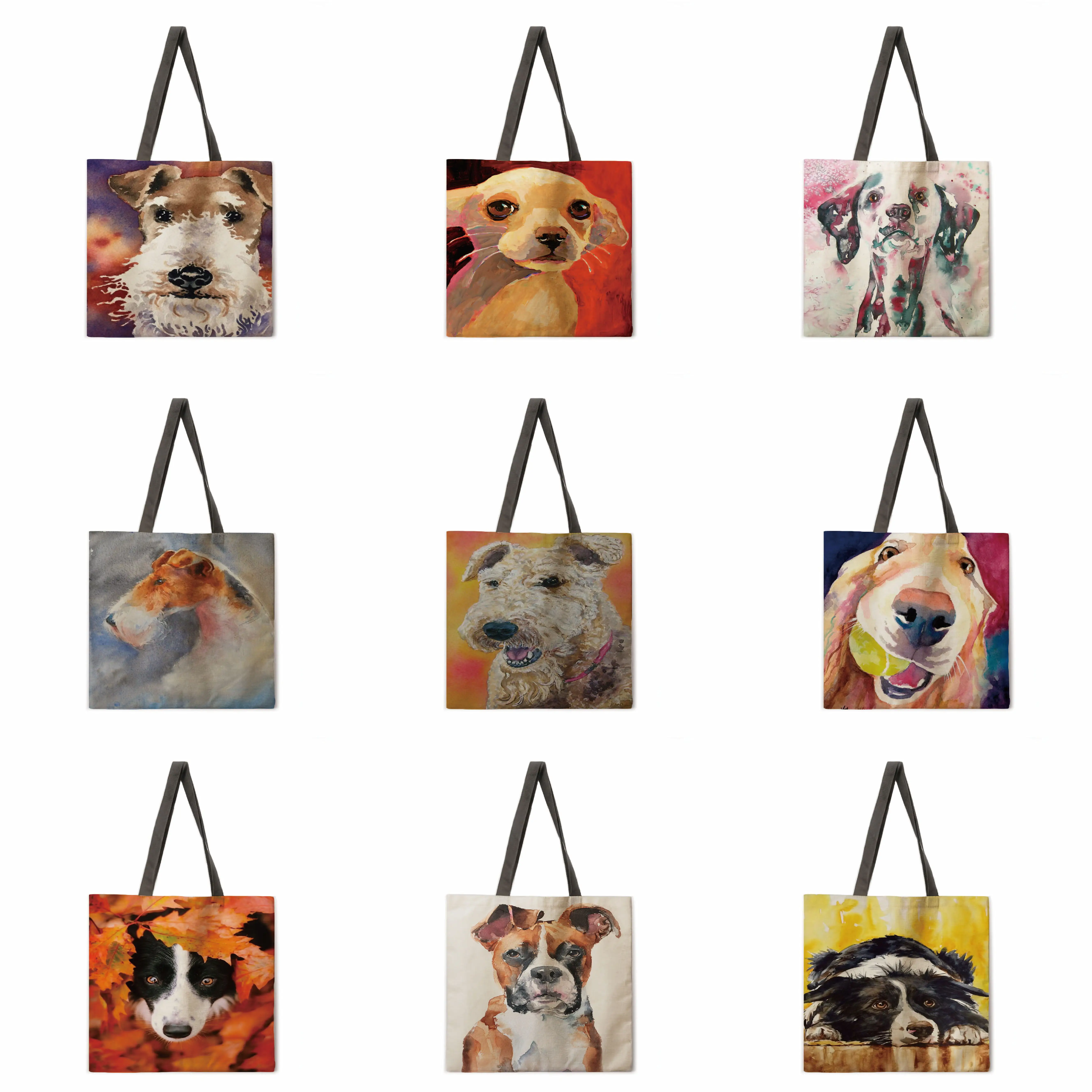 

Women's beach bag foldable shoulder bag shopping bag colorful oil painting dog print tote bag linen casual tote bag reusable