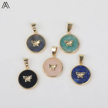 

5pcs/Lot Natural Labraforite Pink Quartz Round Gold Pendant Charms Findings,Inlay Butterfly Stone Charms For DIY Jewelry Making