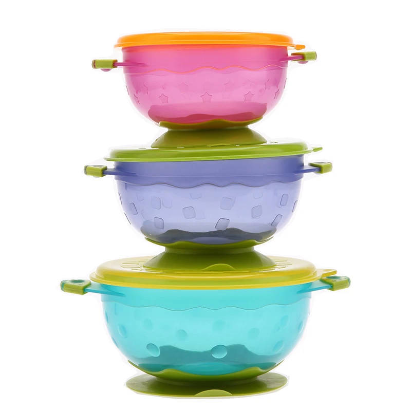 

3Pc/Set Children's Sucker Bowl Anti-fall with Cover Portable Bowls Baby Tableware Cuttlery Set Food Container Baby Plastic Bowl
