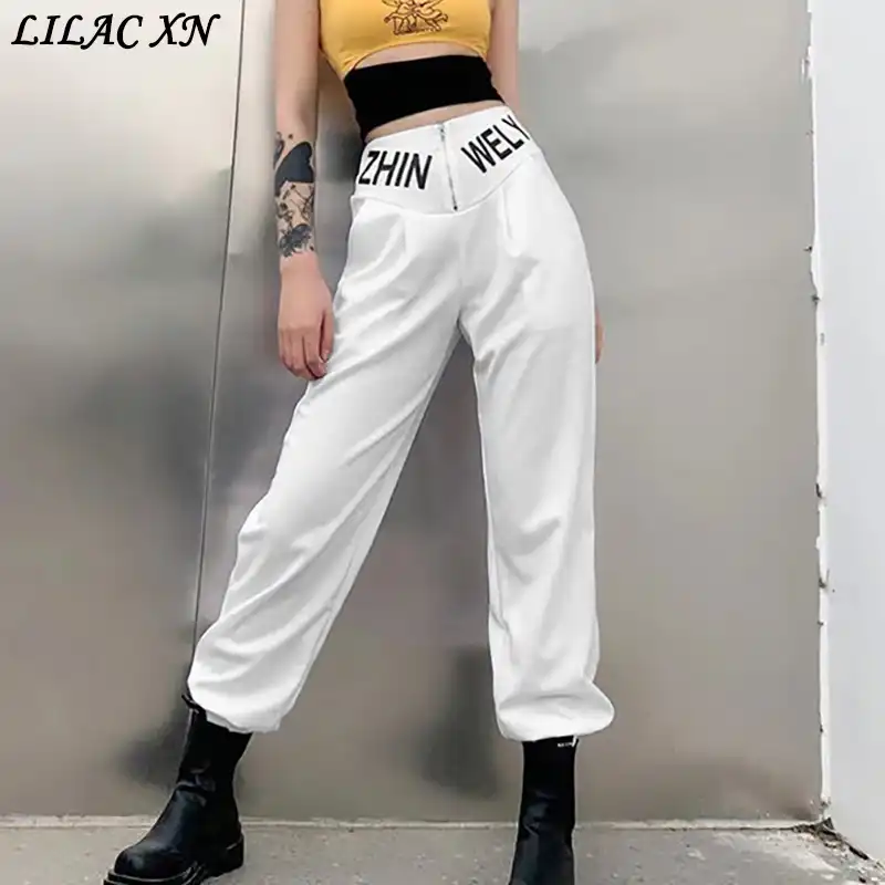 韓国ファッションルーズ文字のプリントパンツ女性のための因果白高ウエストスウェットパンツy2k夏ストリート服クールズボン パンツ カプリパンツ Aliexpress