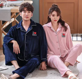 

Couple Flannel Pajamas Set Winter New 2PCS Sleepwear Warm Shirt&Pant Lovers Coral Fleece Pyjamas Suit Loose Sleep Set Home Wear
