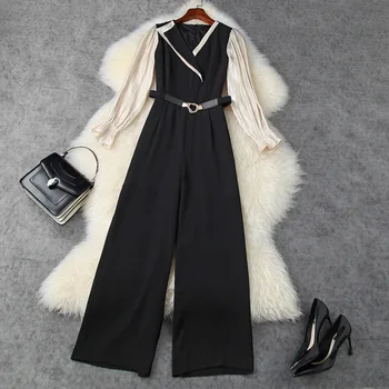 

New 2020 autumn women black jumpsuits color block V-neck patchwork long sleeve wide leg long belt jumpsuit elegant overalls