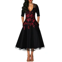 Женское платье с цветочным принтом, половина рукава, высокая талия, линия, лето-осень, винтажные платья, модная женская уличная одежда, Vestido, v-образный вырез, H40