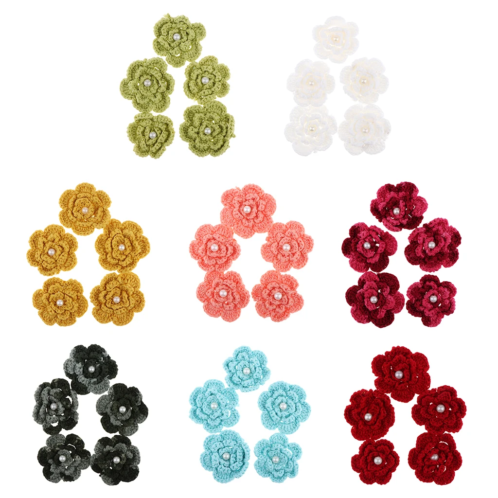 5 Pcs Yarn Crochet Flower Handmade Appliques Embellishment DIY Sewing Scrapbooking Craft Pearl Knitted Crochet Flowers Accessory