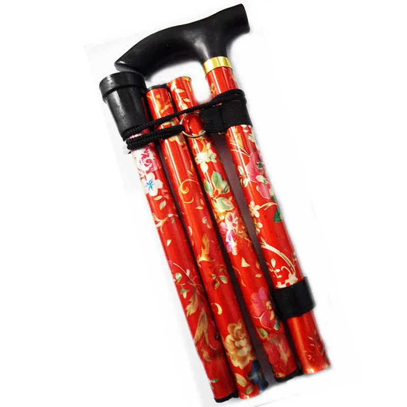 Красный Lightweight Foldable Walking Sticks For Elderly Old Man telescopic 92cm Adjustable Folding Floral Metal Cane Trekking Hiking - Цвет: Красный