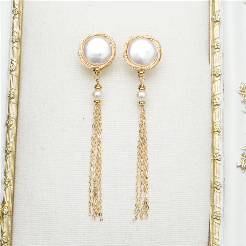 

New Style Fashion Button Baroque 14k zhu jin Ear Stud Long Tassels Popular Pearl DIY Ear Stud Women's