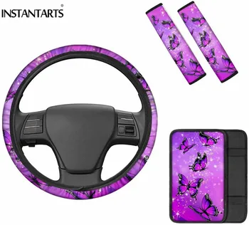 

INSTANTARTS Purple Butterfly Magic Auto Seat Belt Protector Vehicle Interior Accessories for Women Soft/Durable Armrest Covers