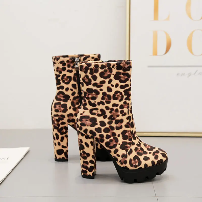 Donnain New Fashion leopard Platform Ankle Boots Women 12cm Thick Heel Platform Boots Ladies Worker Botas Mujer Invierno 2019