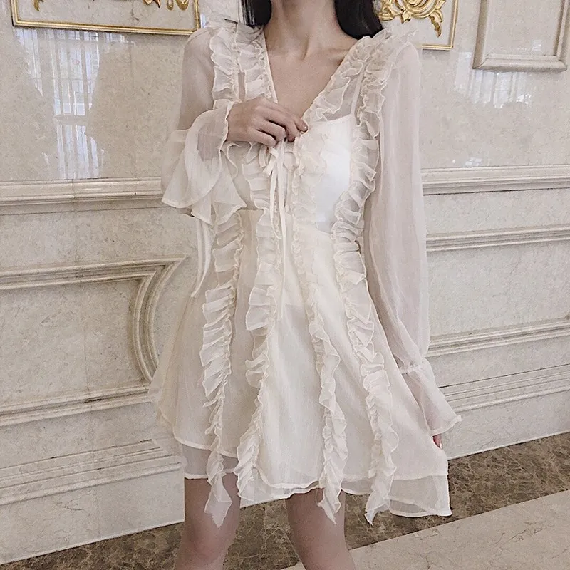 

Summer Women Korea Cascading Ruffles Mini Dress Sexy Lace Up Transparent Short Dress Deep V Neck Mesh Dress