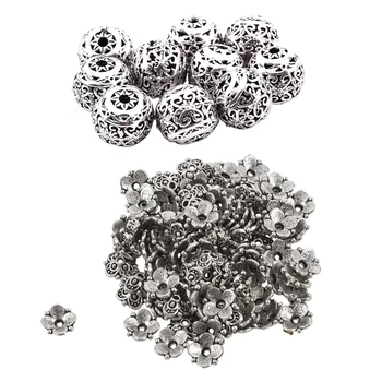 

100 Pcs Bead End Caps Findings Four Flower Silver Tone 10Mmx10Mm with 10 Pcs Hollow Flower Spacer Beads Round Ancient Silver 11M