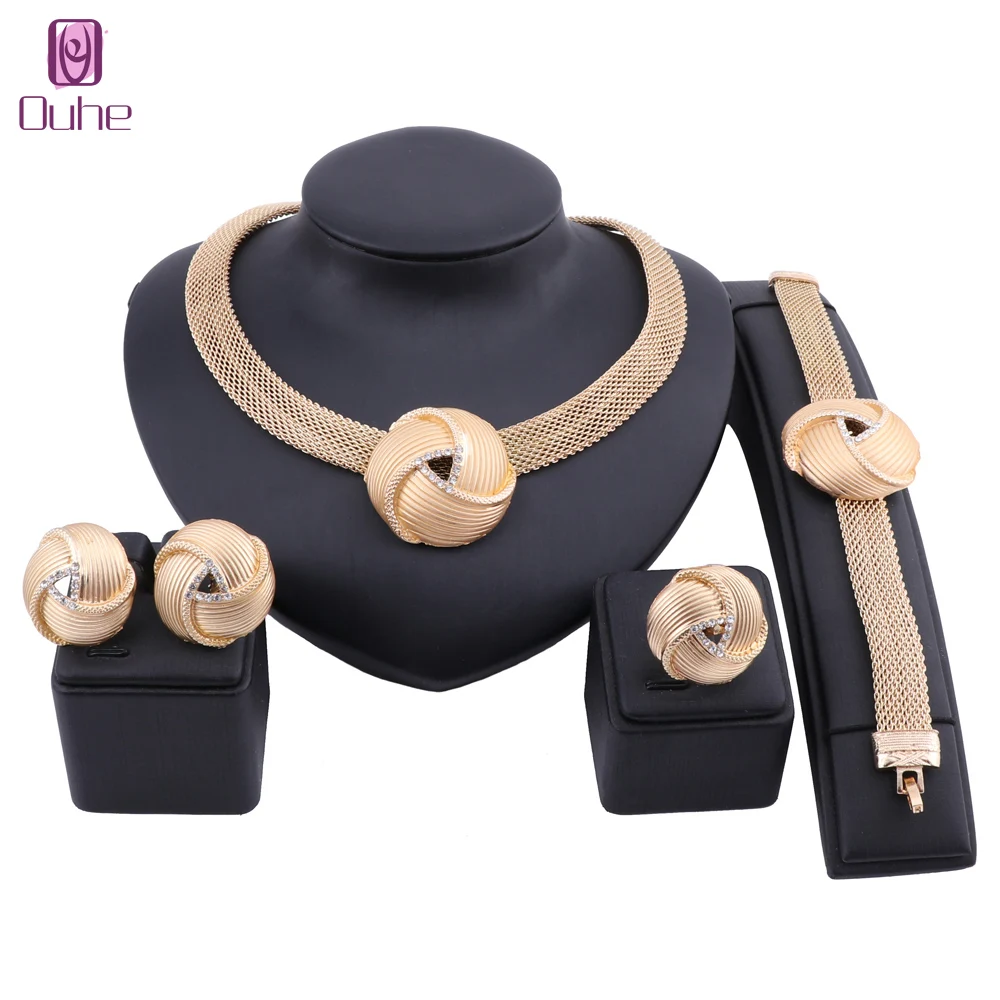 Dubai Gold Jewelry sets For Women Big Necklace Earring Ring Bracelet Crystal Jewelry Set Italian Bridal Wedding Accessories Sets
