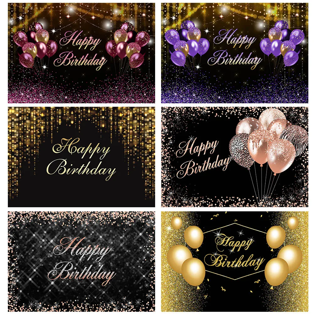 

Mocsicka Happy Birthday Backdrop Customize Birthday Balloon Decor Banner Backdrops Black and Gold Tassel Photography Background