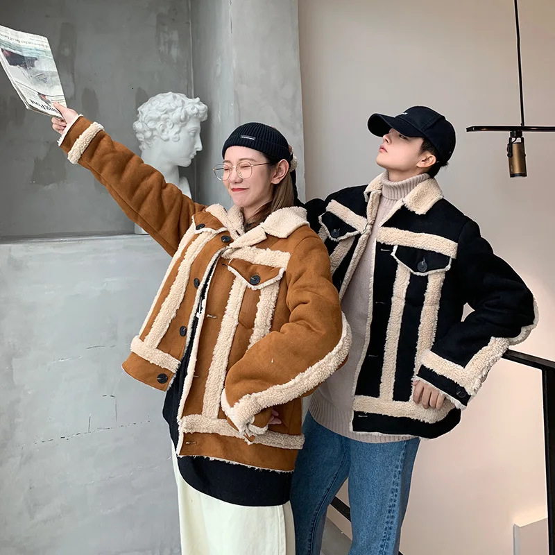 

Winter 2019 new body slimming couples work pieces students contrast color coat coat loose casual personality youth men's wear