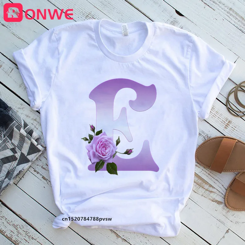 Women S Custom Name Rose Letter Combination Printing T Shirt Flower Letter Font A B C D E F G Short Sleeve Tshirt Drop Ship T Shirts Aliexpress