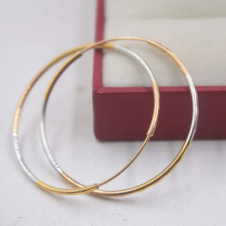 

Real 18K Multi-tone Gold Earrings Woman's Big Circle Hoop Earrings Lucky 35mmDia