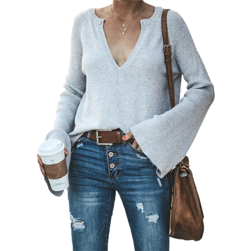 

Slim Women Knitwear Knitted Solid Women Sexy Split Knitted Sweater Autumn Winter Pullovers Knitwear V Neck Knit Tops