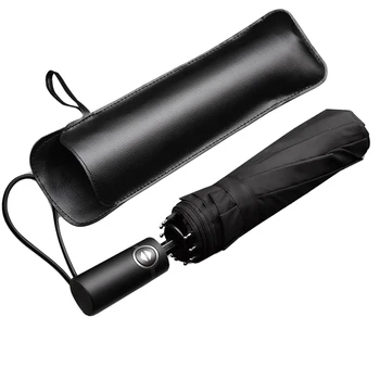 

Travel Umbrella, 10 Ribs Finest Windproof Umbrella With Teflon Coating, Auto Open Close And Upgraded Comfort Handle - Gift Leath