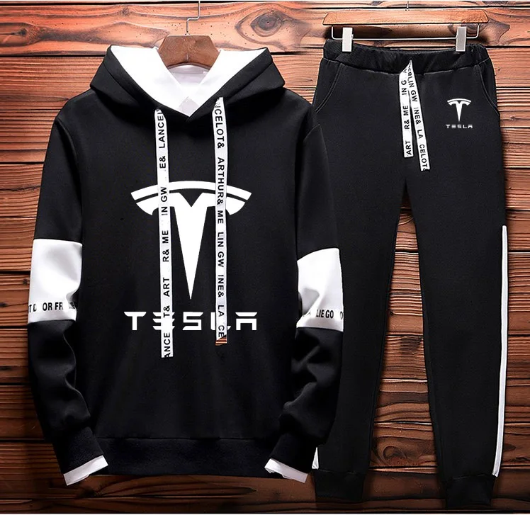 Толстовки мужские Tesla с логотипом автомобиля, унисекс, толстовка, модные мужские худи+ штаны, 2 предмета, спортивный костюм, Флисовая теплая Толстая спортивная одежда