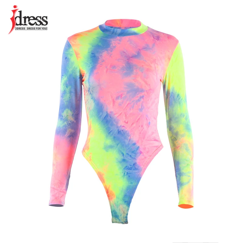IDress Hot One Piece Tie Dye Party Bodysuits Long Sleeves High Neck Body Suit  (2)