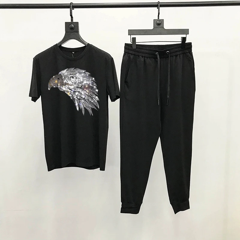 Cotton Summer Design Men's Sets Hot Diamond T-Shirt Tracksuit Animal Shiny Pattern Breathable Sweatshirt + Pants 2 Pack