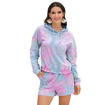 

Women's Tie-Dye Printed Fashion Casual Long-Sleeved Shorts Suit Pajamas hoodie sweatshirt oversized hoodie 2-piece set Autumn