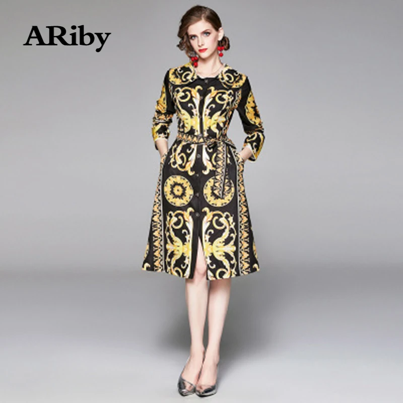ARiby модное платье осень и зима новая мода кукла воротник однобортный Ретро принт