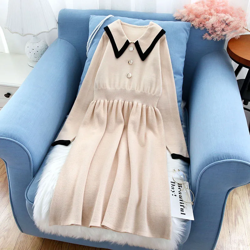 

knitted dresses for women 2019 autumn new turn-down collar slim knee-length solid office lady elegant dresses top quality