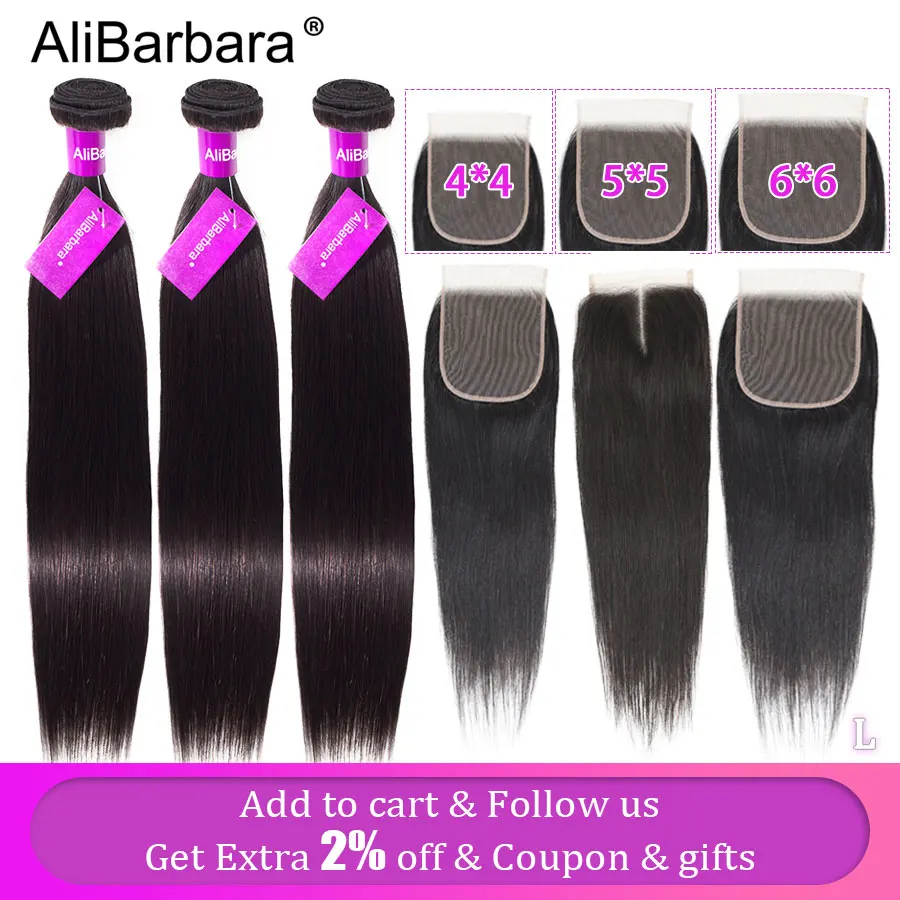 

Brazilian Straight Human Hair Bundles With Closure 5 x 5 6 x 6 Closure with Bundles Alibarbara Remy 3 Bundles and lace closure