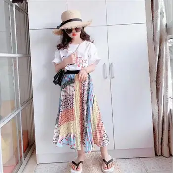 

2020 new girls 2 pcs set t-shirt+skirt fashion summer girls suit 4-9t C961