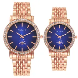 Хит продаж, Мужские Женские кварцевые часы из голубого золота, стальной ремешок, бриллиантовые часы, циферблат, для влюбленных, модные часы
