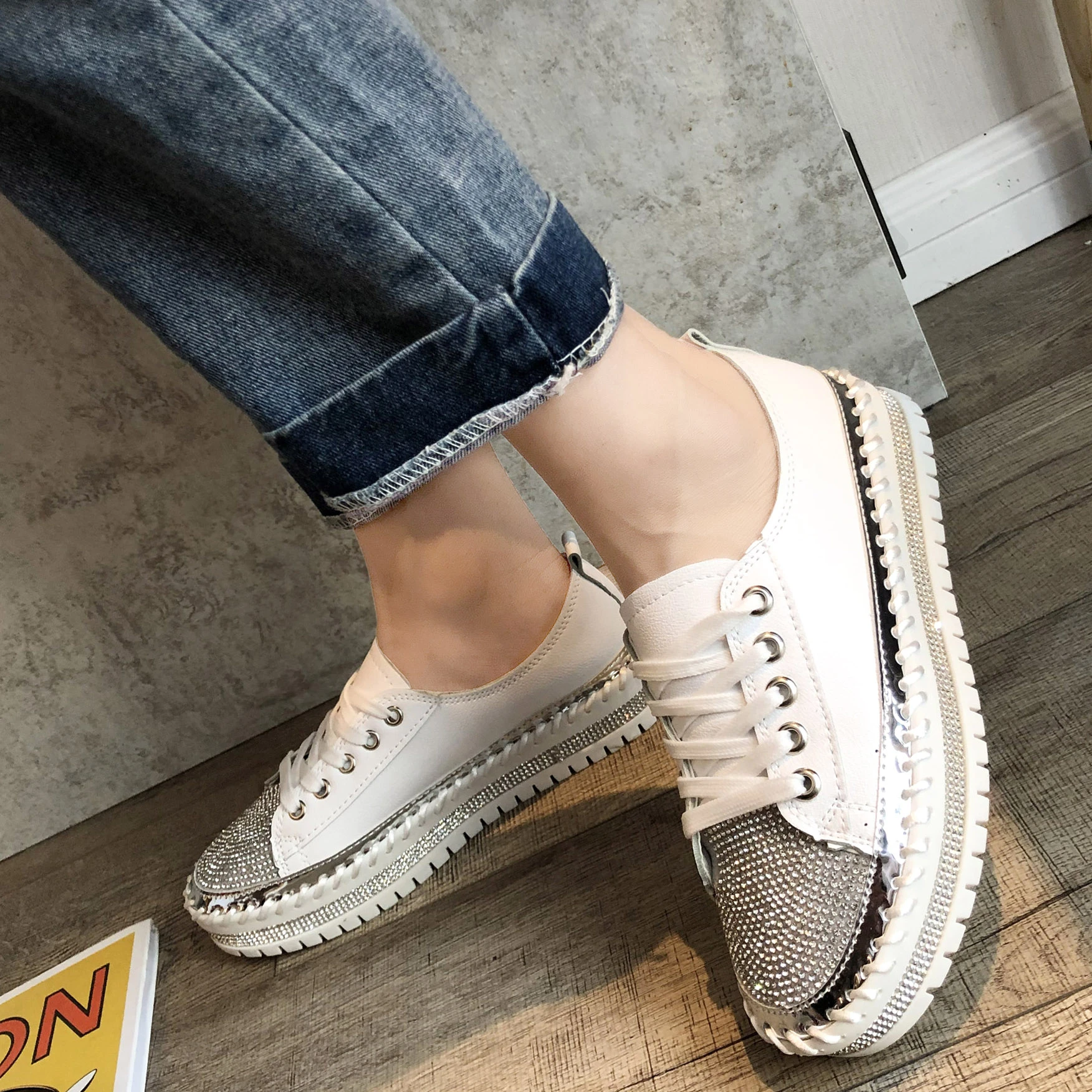 Zapatillas deporte con diamantes de imitación para mujer, zapatos informales con cómodos, con plataforma punta redonda, otoño, 2023|Zapatos vulcanizados mujer| - AliExpress