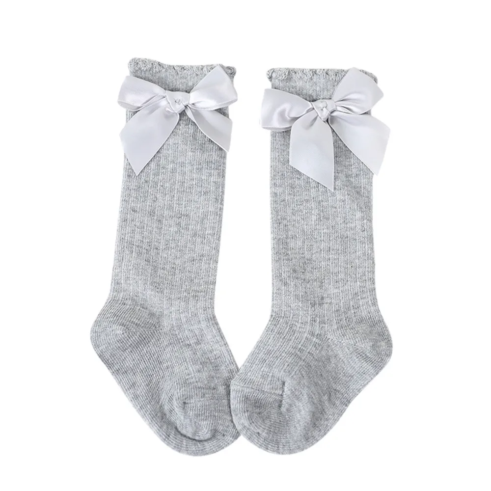 Новые детские носки Длинные мягкие хлопковые кружевные детские носки до колена с большим бантом для маленьких девочек детские носки kniekousen meisje Прямая поставка - Цвет: Gray S