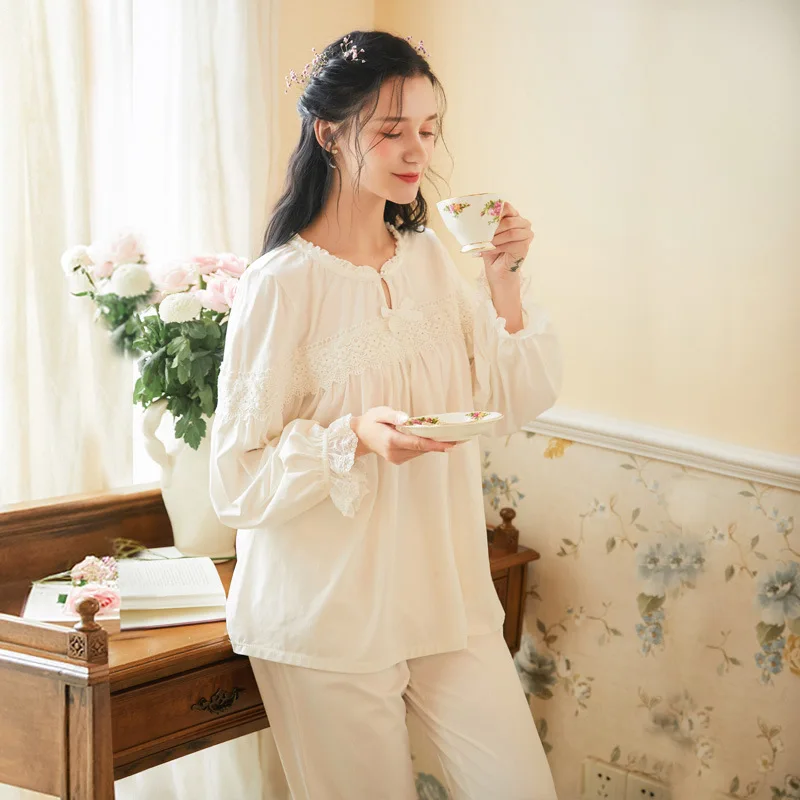 

XIFER Pure Cotton Pajamas Women Retro Long-sleeved Trousers Loose Large Size Palace Style Cotton Home Service Two-piece Winter