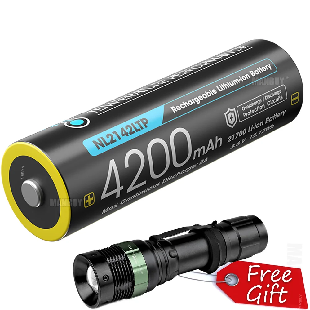 

Sale Nitecore NL2142LTP 21700 4200mAh 3.6v Li-ion Rechargeable Battery -40C Low Temperature Resistant 1 Piece + Gift Flashlight