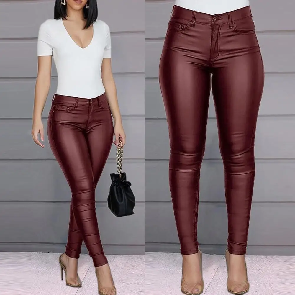 

Women Hot Sexy Black Wine Wet Large Size High Waisted Buttoned Coated Pants Casual Stretch Trousers Slim Shiny PU Leather Pants