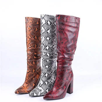 

Women's high boots 2020 new Chunky heels Autumn Winter Ladies shoes Fashion fold pointed Serpentine boots large size 43