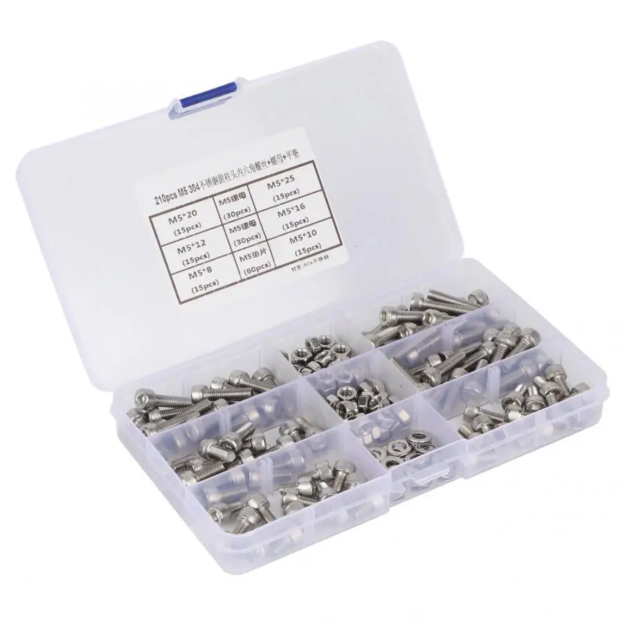 

210pcs M5*20\M5*25\M5*12\M5*16\M5*8\M5*10 Stainless Steel Hex Screw and M5 Nut Gasket Set Screw Nut