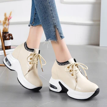 

Spring Increase Height Wedge Sneakers Simple Lace Up High Platform Sneakers Fashion Beige Brown Casual PU Leather Shoes Outdoor